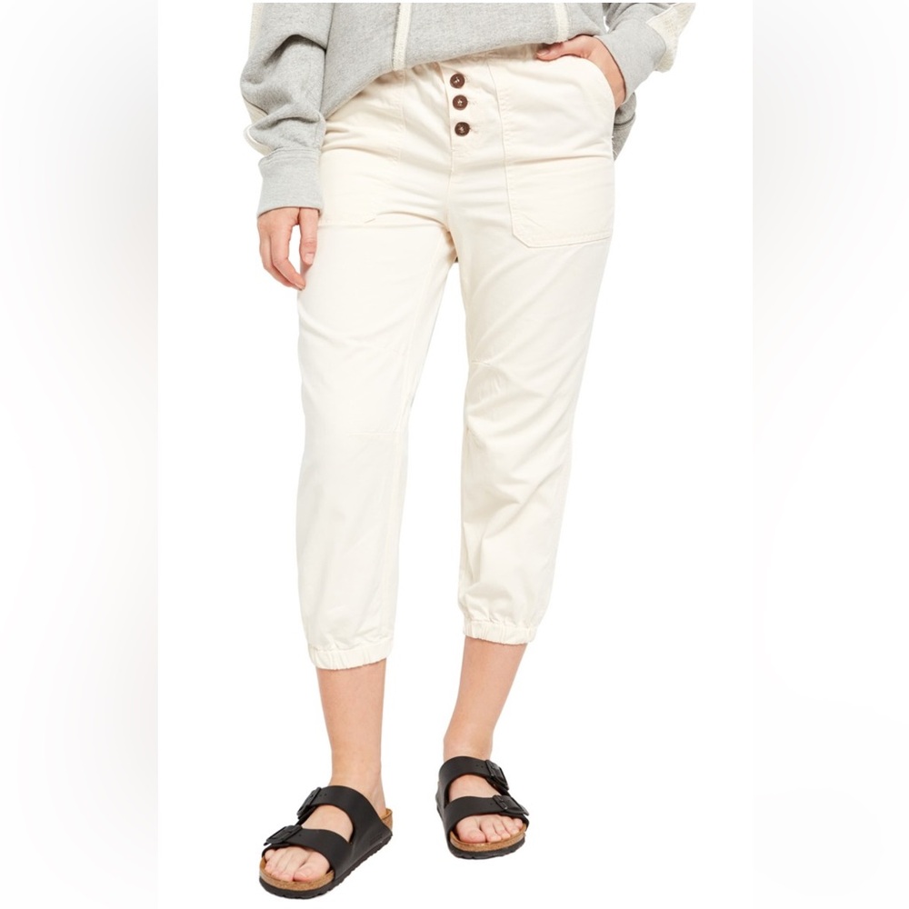 Free People FP Cadet Pull-On Jogger Pants Ivory Button-Fly Cropped Chinos Sz Med